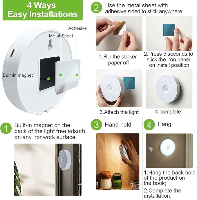 Image of ECOBSY Motion Sensor Light for Home Indoor Outdoor, Rechargeable Adhesive Led Night Light for Kitchen Cabinet Cupboard Stairs Wardrobe, Battery Operated, Automatic On Off (Round - Warm White, 2)