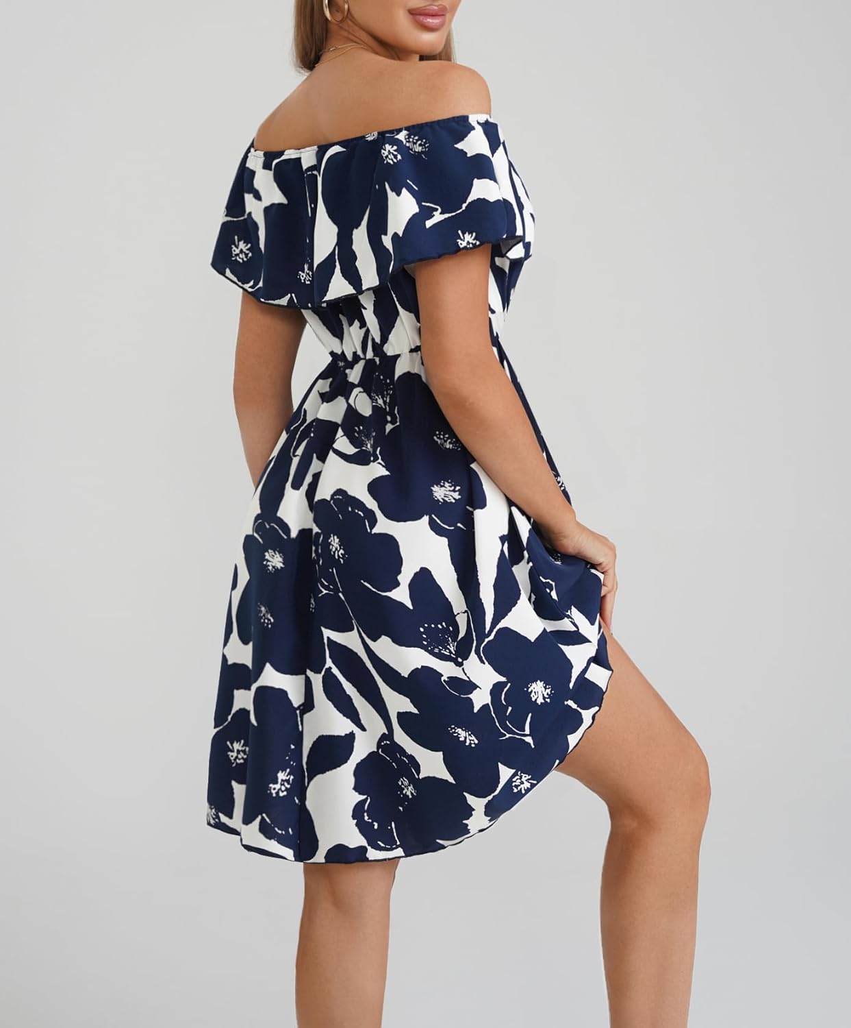 Womens Off Shoulder Ruffle Floral Wedding Guest Dresses A Line Shift Short Skater Dress - Image 2