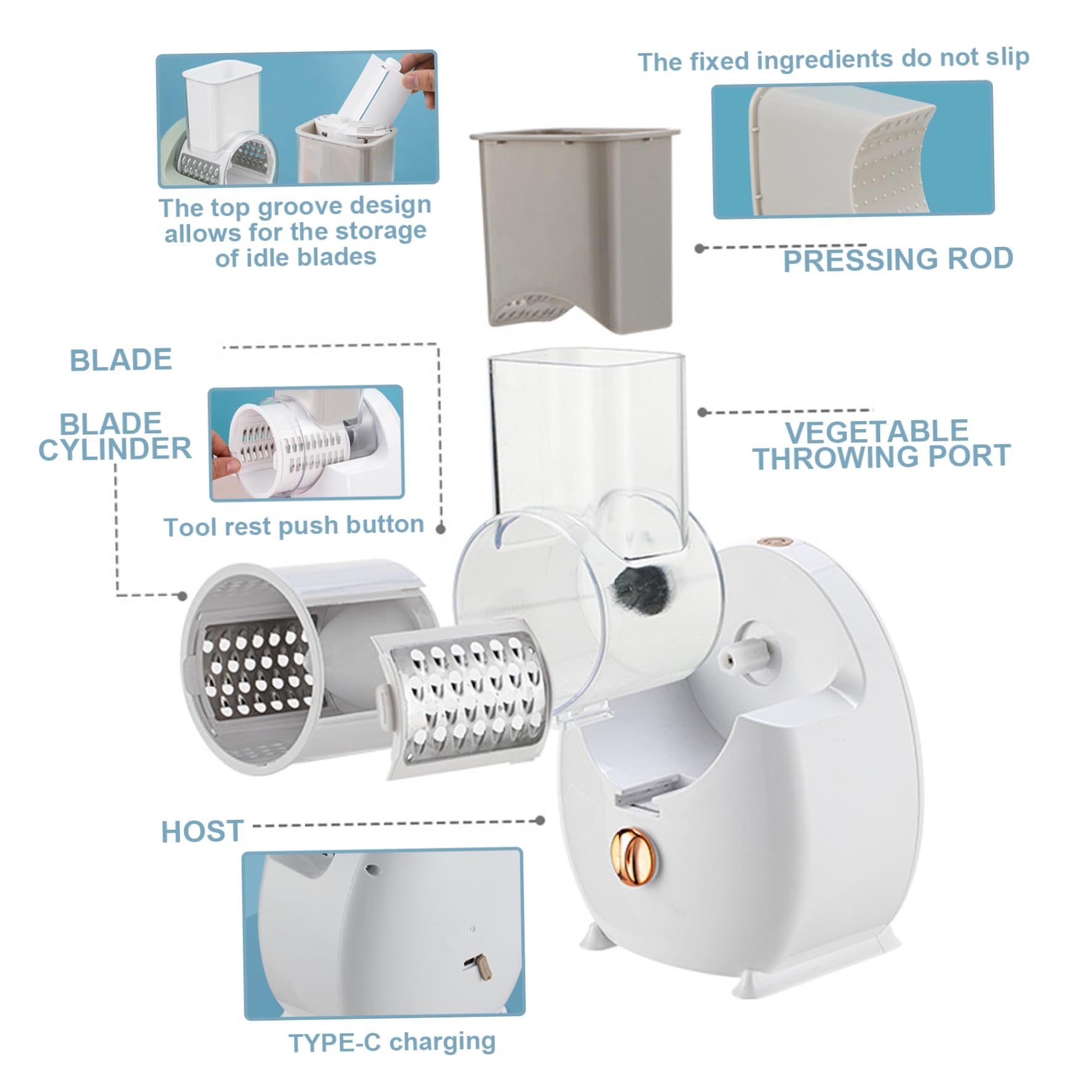Râpe à fromage électrique Râpe à fromage automatique amovible avec 3 lames de formes différentes rechargeable par USB pour fruits et légumes