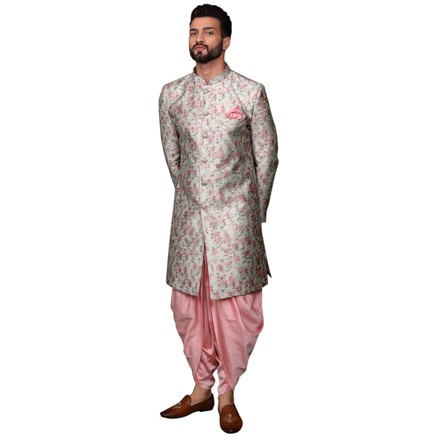 Kisah Men's Ethnic Wear Silk Blend Woven Design Regular Fit Multi-Pink Indo-Western Sherwani Set Indo-Western|44