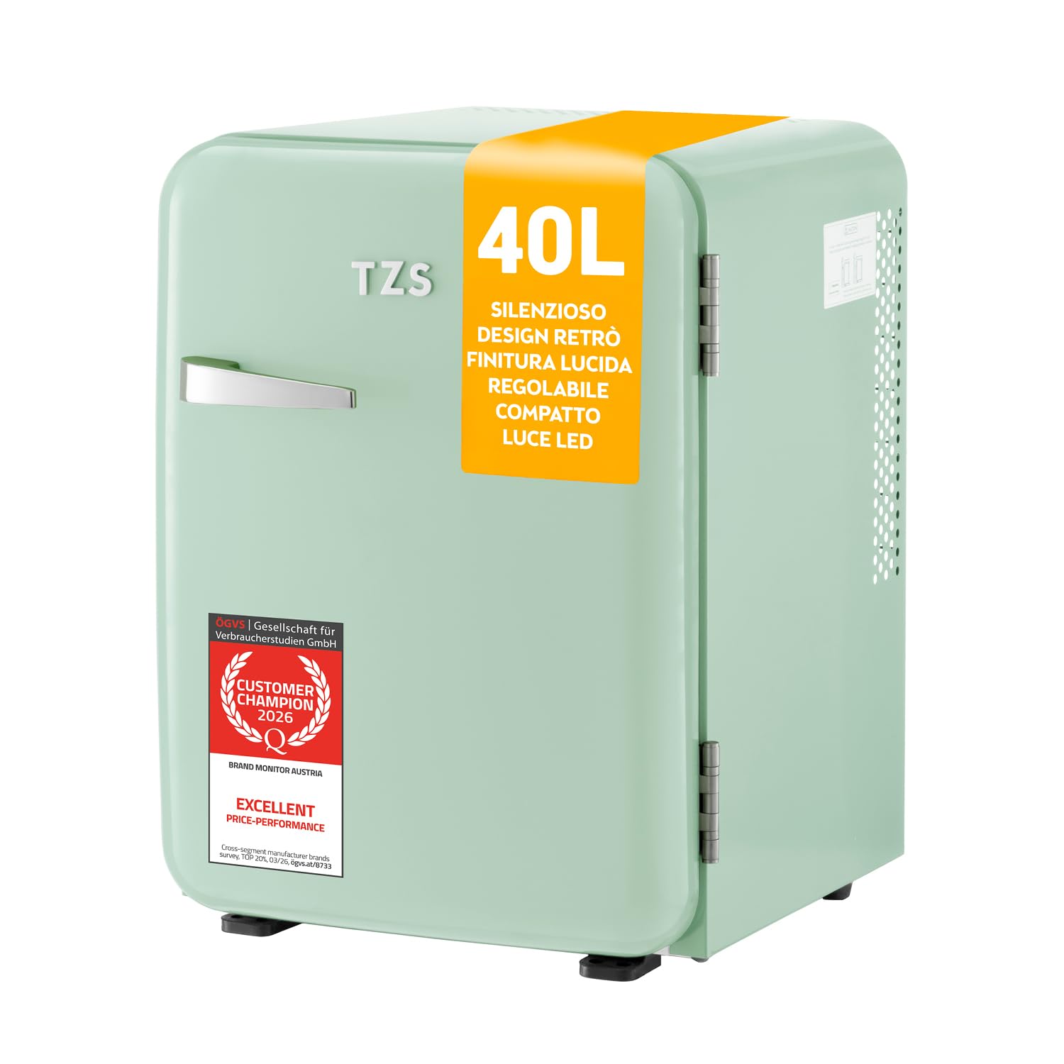 TZS First Austria - Mini Frigorifero Retrò 40L silenzioso - Piccolo Minifrigo design vintage con luce interna e 2 scomparti porta - Minibar per campeggio, ufficio, camera da letto e hotel - menta