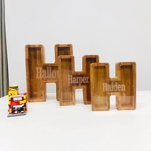 Vista 3 de Alcancía grande de madera personalizada para niños, alcancía con nombre personalizado, alcancía (nombre grabado láser) letras del alfabeto