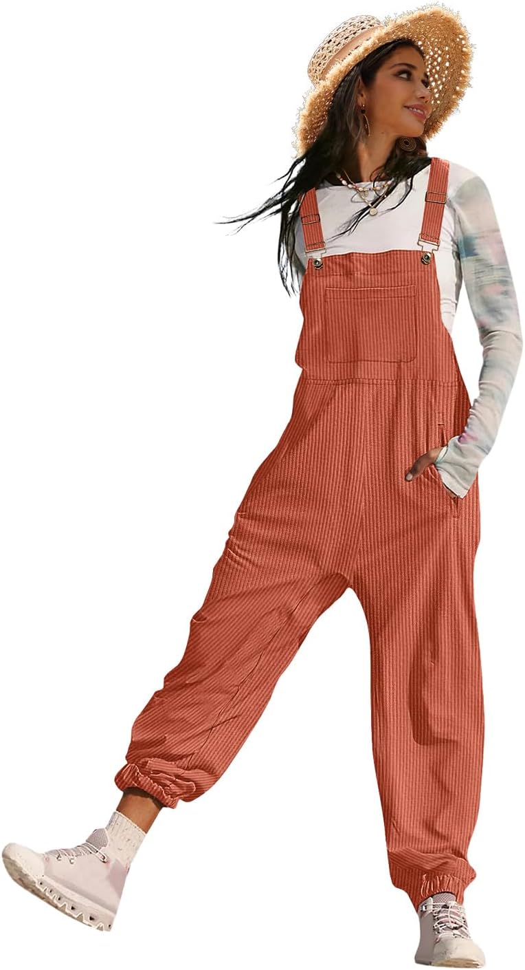 YESNO Women's Casual Corduroy Overalls Sleeveless Adjustable Straps Loose Harem Bib Jumpsuits for Women with Pockets PCL 3X-Large Rust