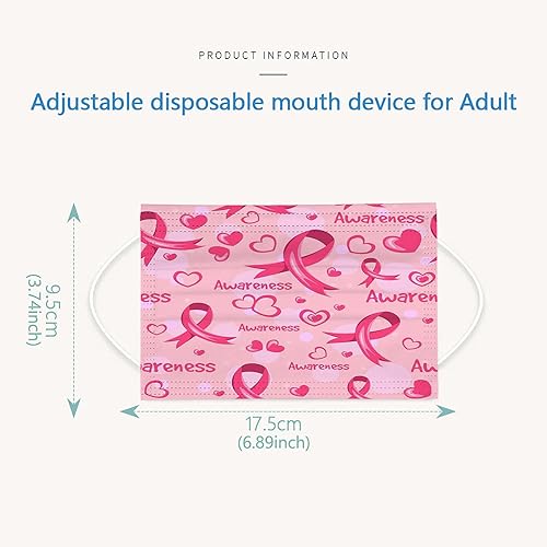 Miniatura 6 de Paquete de 50 mascarillas desechables para concientización del cáncer de mama, máscaras de cinta rosa para mujeres y adultos, protección facial de 3