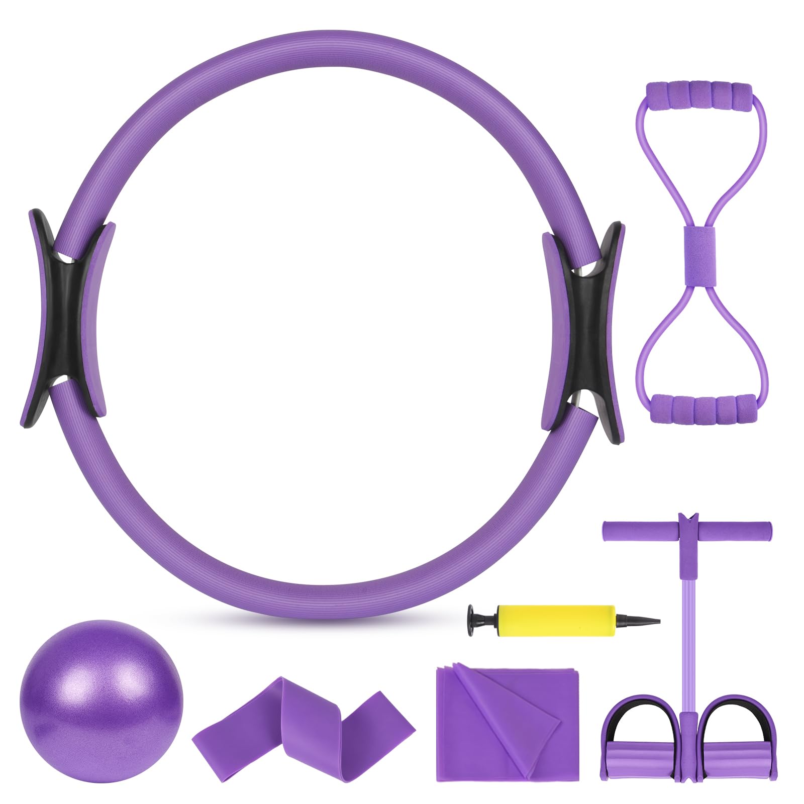 Zestaw pierścieni do pilatesu, 15''/38cm Magic Circle z podwójnymi uchwytami, 6-częściowy zestaw niezbędnych akcesoriów do pilatesu zawierający lateksową taśmę oporową, piłkę do jogi, elastyczny