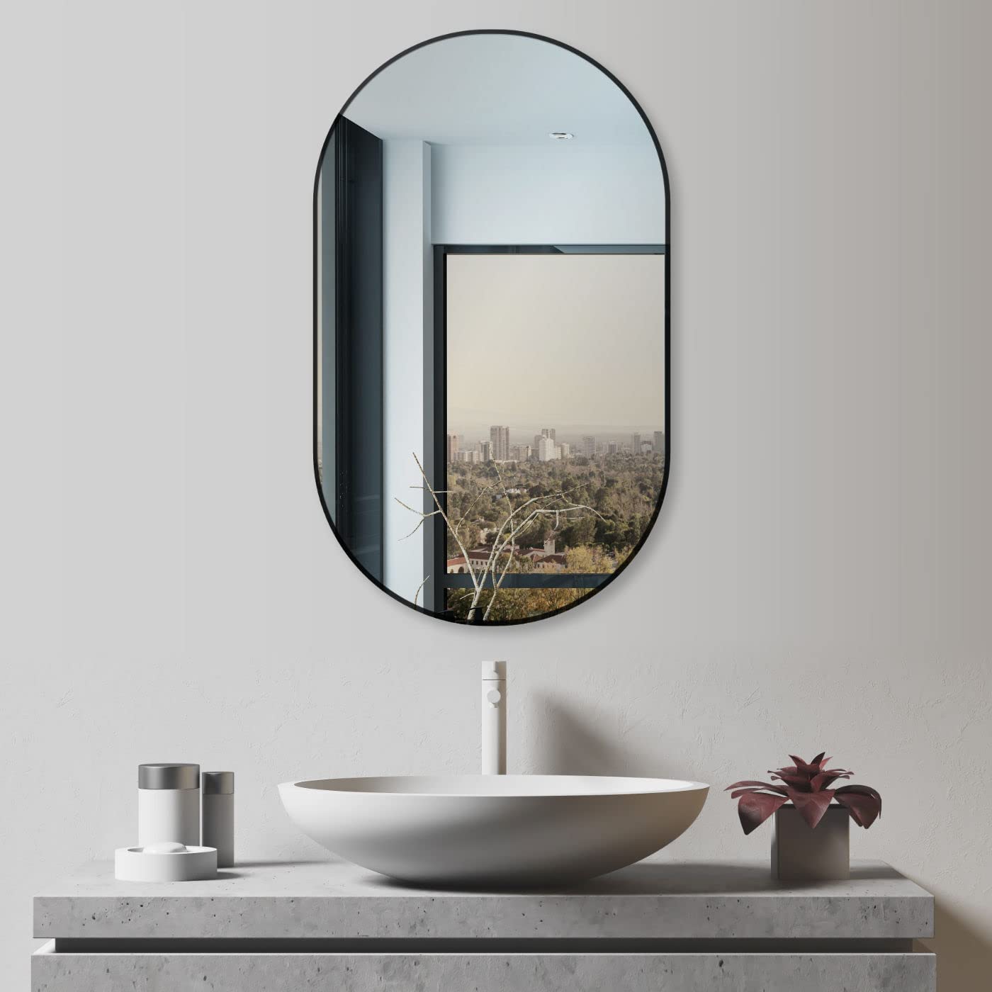 HOKO® Specchio da Parete Ovale 45 x 75 cm con Cornice in Metallo Nero Opaco. può Essere Montato in Alto e QUADRICALE. Bagno, corridoio, Camera da Letto, Soggiorno