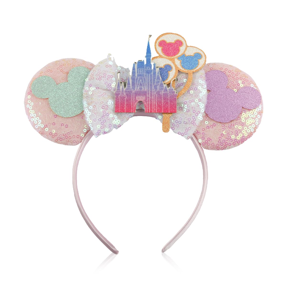 Lotsdonxia Pink Glitter Castle Ears Headband, Fairy Tale Sequin Ears Headdress for Theme Park Parties, Cosplay & Dress Up, Comfortable Elastic Hairband for Women