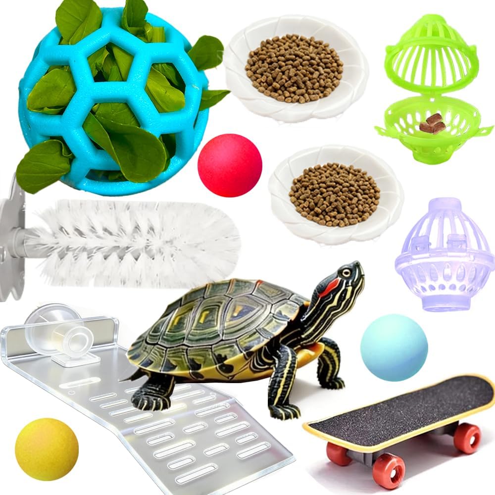 11 pcs Turtle Enrichment Toys Set Tank Tortoise Feeder Brush Skateboard Aquarium Feed Toy Tortoise Feeding Balls | Tortoise enrichment toys set