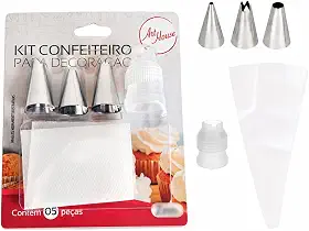 Kit Bico e Saco de Confeitar Confeitaria com 5 Peças Decorador de Bolos Bicos de Metal Inox Premium Cores Sortidas