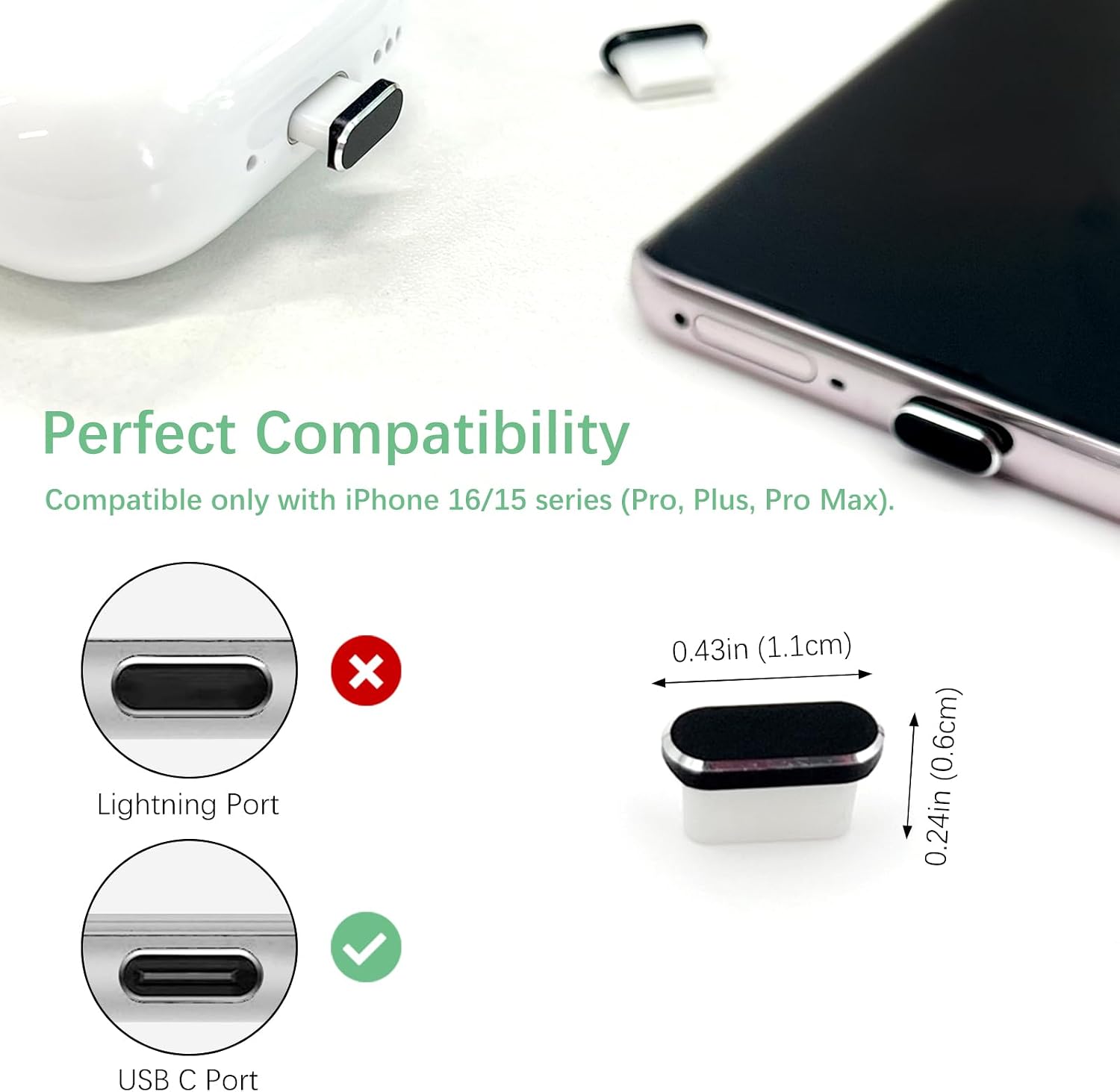 4-Pack USB-C Dust Covers with Speaker Mesh – Type-C Charging Port Plug & Audio Protector for iPhone 15/16 Series (Black) thumbnail