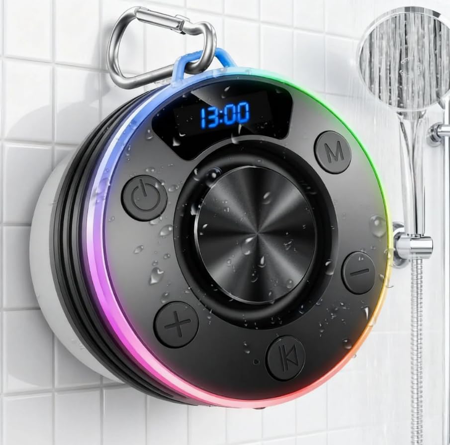 Image of Bluetooth Speaker, Shower Speaker Portable with Hook, IPX7 Waterproof Bluetooth Speakers with Suction Cup, Digital /Time Display, Crystal Sound, Small Wireless Speakers for Outdoor Bathroom Gifts,Black
