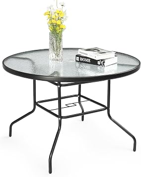 VINGLI 40 Outdoor Dining Table with Umbrella Hole, All Weather Round Patio Table, Waterwave Tempered Glass Top and Metal Frame, for Garden Porch Balcony Yard