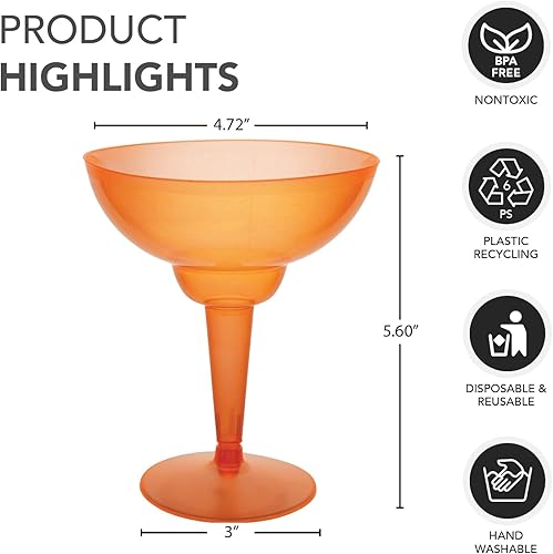 Miniatura 6 de Party Essentials Vasos de Margarita de plástico duro de dos piezas, 12 onzas, naranja neón, 10 unidades