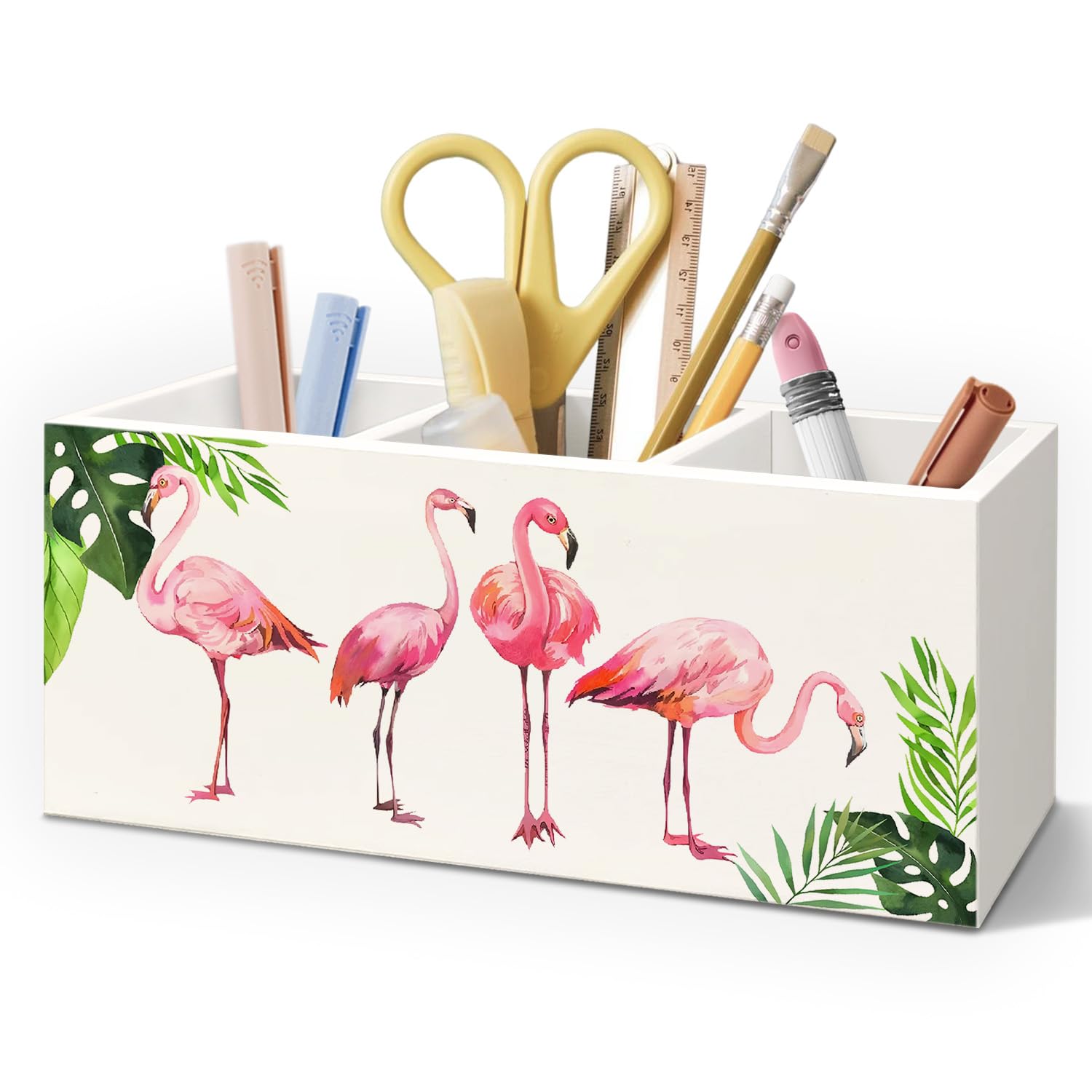 AQYIP Tropical Pink Flamingo Wood Makeup Brush Toothbrush Holder Organizer for Vanity Bathroom,Pink Flamingo Gifts for Women,Girly Aesthetics Wooden Pen Pencil Holder for Desk Accessories