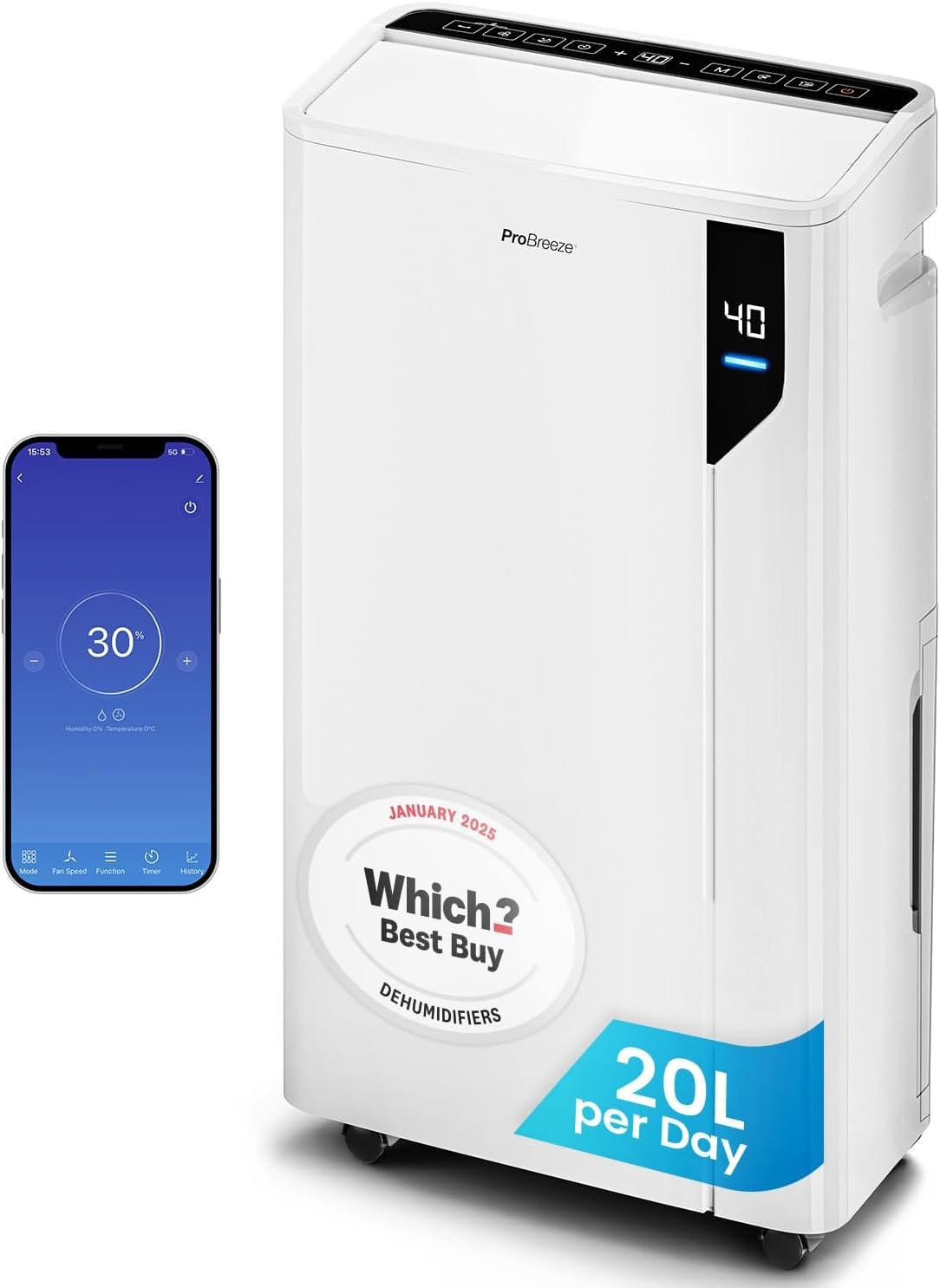 Pro Breeze® Deumidificatore Intelligente 20L/Die con Wi-Fi Sensore di Umidità Filtro a Carboni Attivi per Muffa e Umidità Modalità Bucato – per Casa Ufficio Camera da Letto