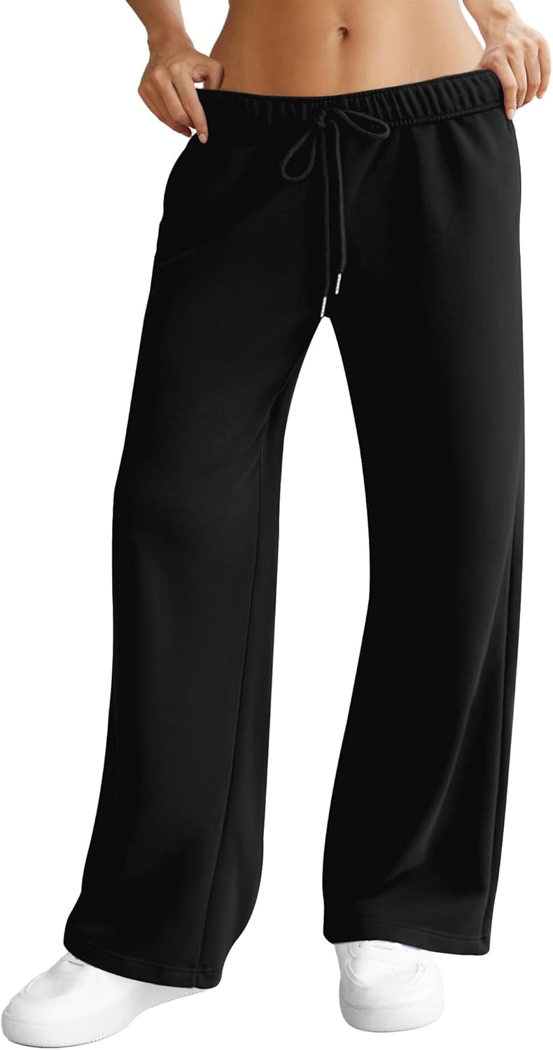 Womens Wide Leg Sweatpants Interior Drawstring Baggy Sweat Pants with Pockets Elastic Waisted Lounge Casual Trousers