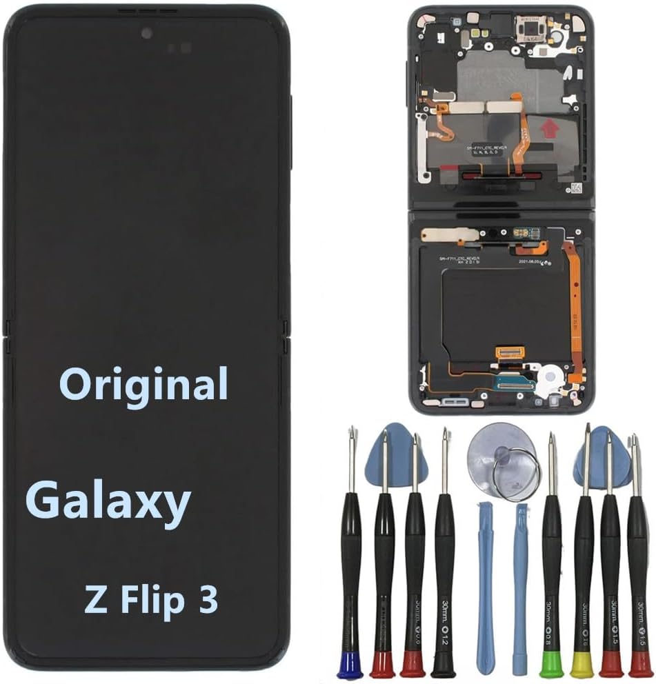 Original AMOLED 6.7" for Samsung Galaxy Z Flip 3 Inner Foldable Screen Replacement Z Flip3 5G SM-F711U SM-F711U1 SM-F711B Display Touch Screen Digitizer Assembly (with Black Frame+Tools)