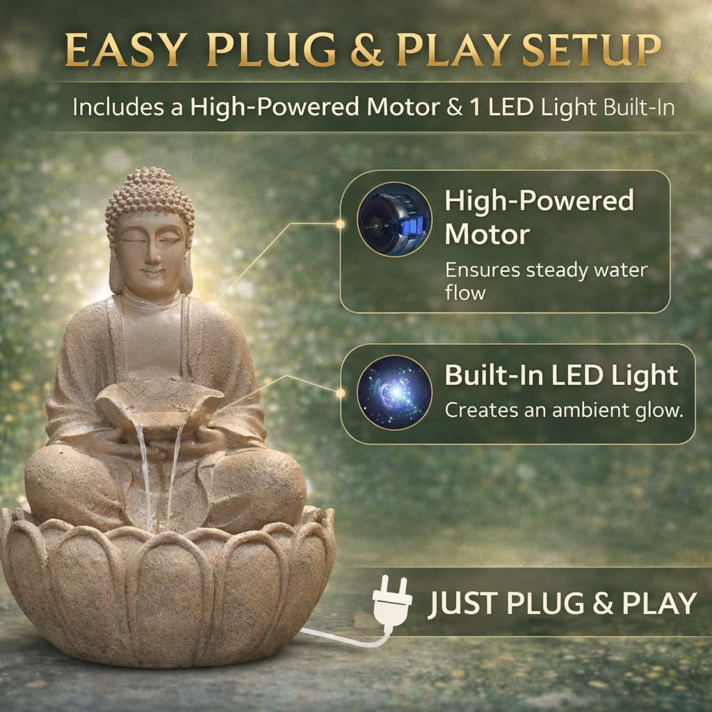 Kamal Buda Fuente de agua para el hogar y el jardín - Fuente de Buda de fibra con luz LED - Fuente de interior y exterior para vastu y positividad (beige, fuente