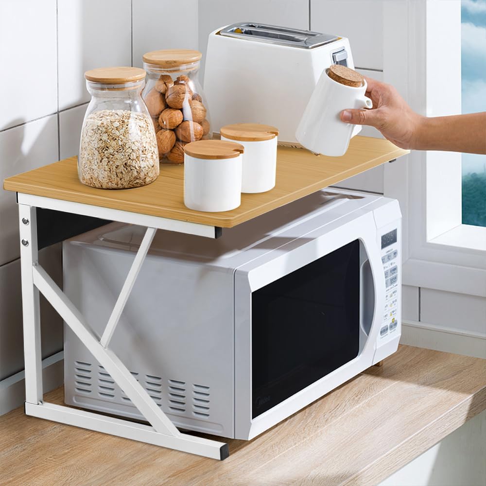Kedia Estantería extensible para microondas, soporte para microondas, estante de cocina con ganchos, estante para panadería, soporte para microondas (54 x 35 x 34,5 cm, color jaune noix)