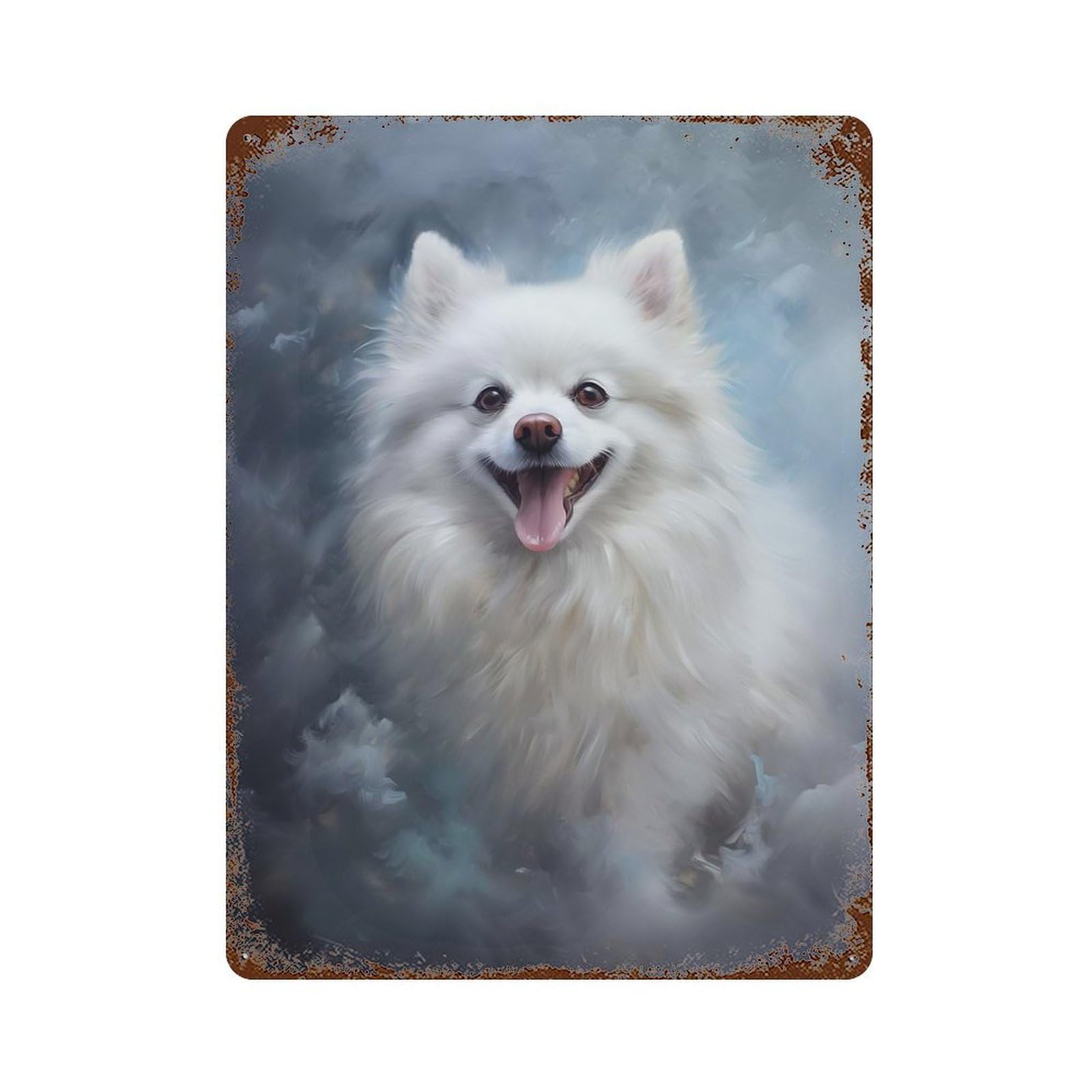 Garage Style White Pomeranian Dog Rust Effect Tin Sign 15.7"x11.8", Classic Wall Plaque for Bar And Workshop
