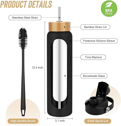 Miniatura 2 de Botellas de agua de vidrio de 32 onzas  Vaso motivacional de 1 litro con marcador de tiempo  Botella de agua de vidrio de borosilicato con funda de