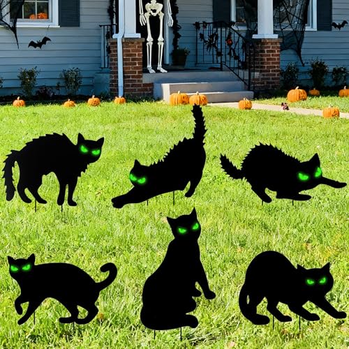 ILMFMY Halloween Gartendeko 6er Set Schwarze Katzen – wetterfeste Outdoor Deko mit Ständern & leuchtenden Augen, gruselige Katzensilhouetten für Vorgarten, Terrasse & Garten Dekoration Hasen-Design