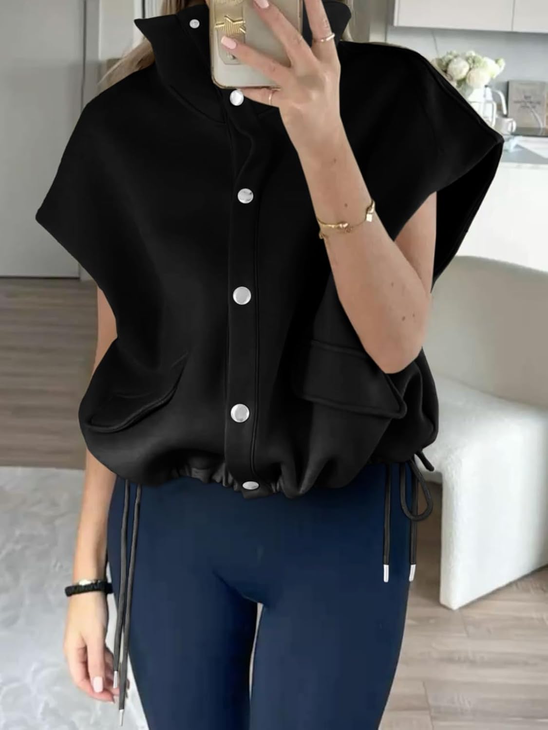 Cicy Bell Womens Fall Oversized Vest Cropped Button Down Cap Sleeve Lapel Collar Jackets Casual Drawstring Outerwear - Image 4