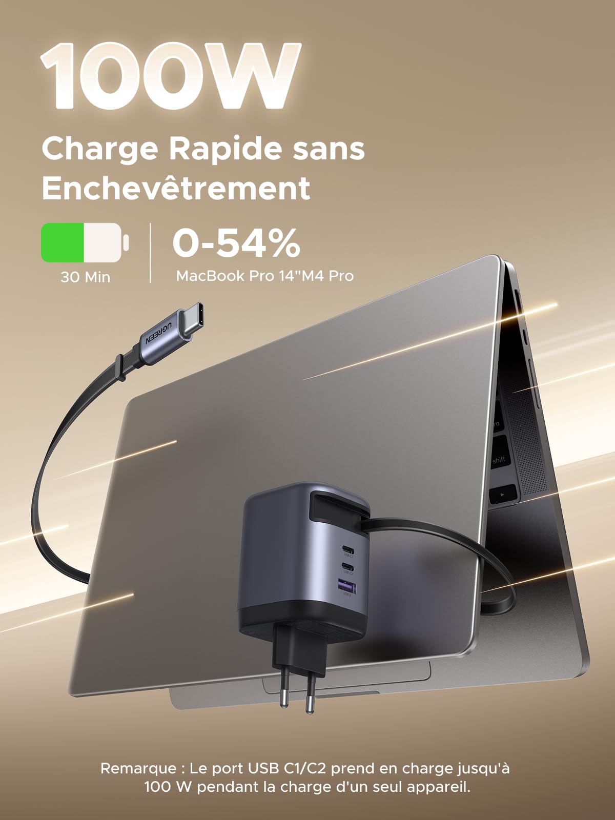 UGREEN Nexode 100W Chargeur USB C Rapide avec Câble Rétractable Intégré GaNInfinity Compatible avec MacBook Pro Air Neo iPad Mini iPhone 17 Pro Max Air 16 15 14 13 12 Galaxy S26 S25 S24 Pixel 10 9 8