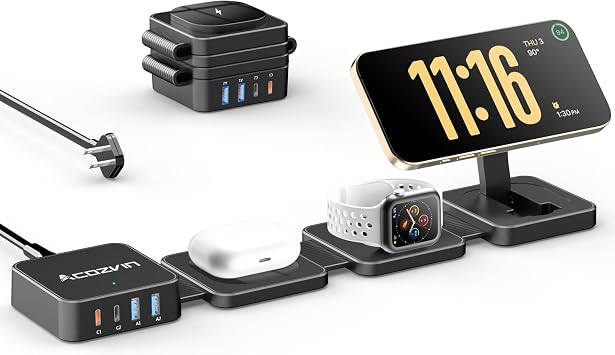 7-in-1 Wireless Charging Station for Apple Devices, ACOZVIN Foldable Magnetic Wireless Charger, 4 USB Ports30W USB C, 5FT Cord Flat Plug, Travel Charger Stand for iPhone 16/15/14/13, iWatch &AirPods