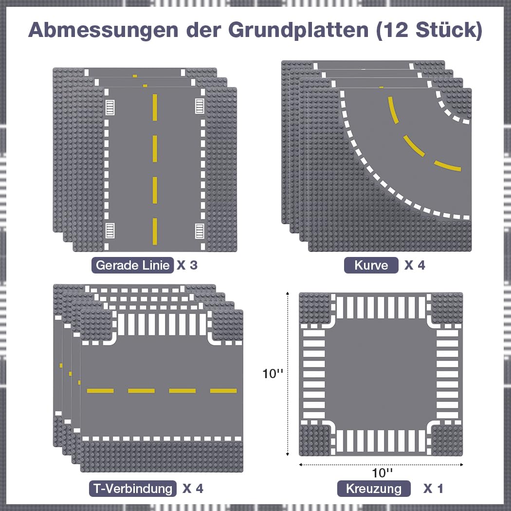 Lekebaby 12 Placas-Set de Base de Carretera Urbana, 25,5 x 25,5 cm, 100% Compatible con Las Principales Marcas, 4 Curvas/4 Cruces/3 Rectas/1 Intersecci贸n