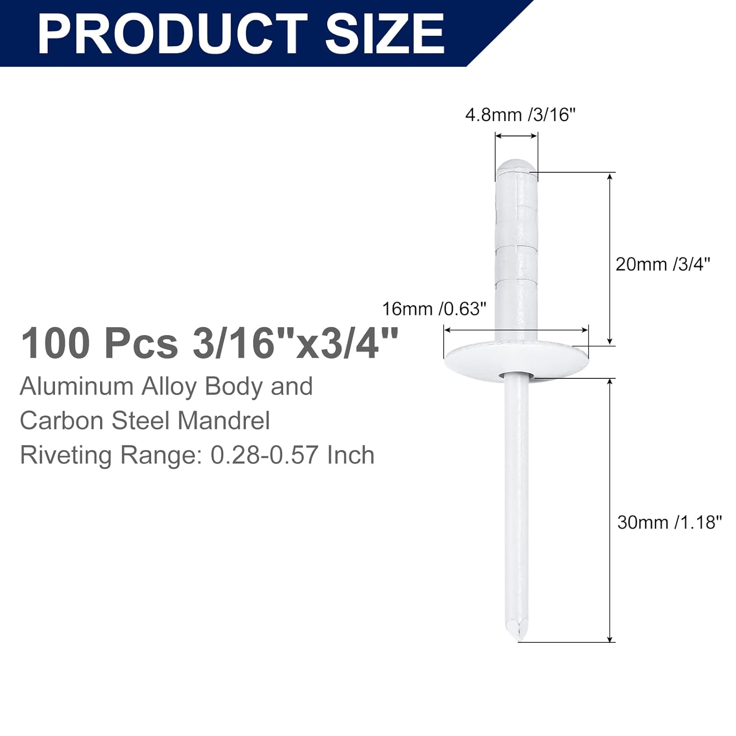 uxcell 100Pcs 3/16" x3/4" Aluminum Blind Rivets, Large Head Multi Grip Aluminum Steel Mandrel Rivets Fasteners for Metal, Furniture, Automotive, White