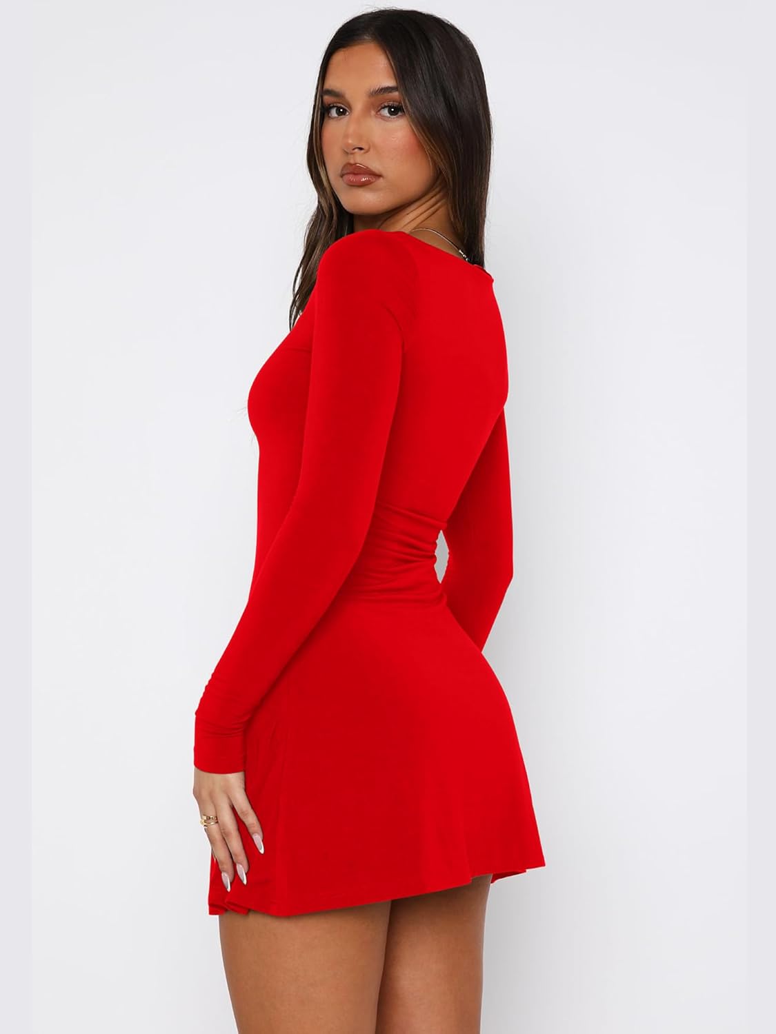VASAUGE Women's Sexy Long Sleeve Mini Dress Crew Neck Party Club Short Dresses, Large, Red - Image 4