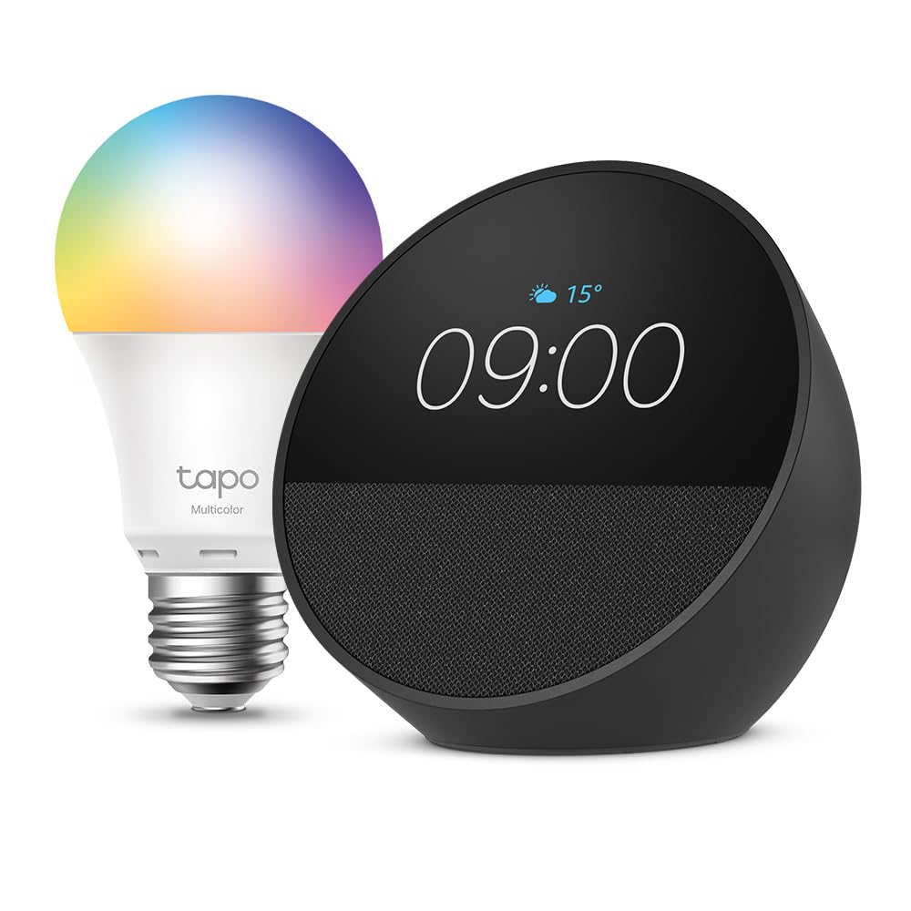 Echo Spot | Nero + Tapo L530EA Lampadina LED Smart (E27), Compatibile con Alexa - Kit di base per Casa Intelligente