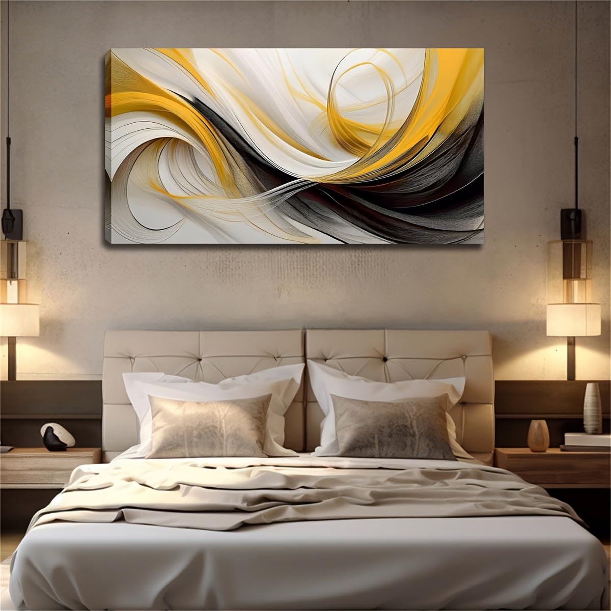 UUDEZO Large Horizontal Yellow and Black Painting Modern Abstract Framed Canvas Wall Art Suitable for Living Room Decor(70x140cm(28x55in)