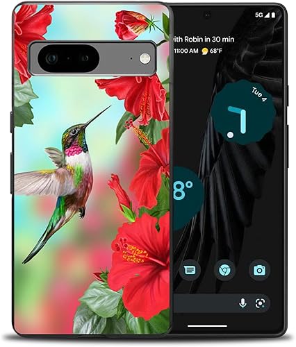 Funda compatible con Google Pixel 7, funda de teléfono con patrón de flores de hibisco y colibrí para niños y niñas, TPU suave, a prueba de golpes,