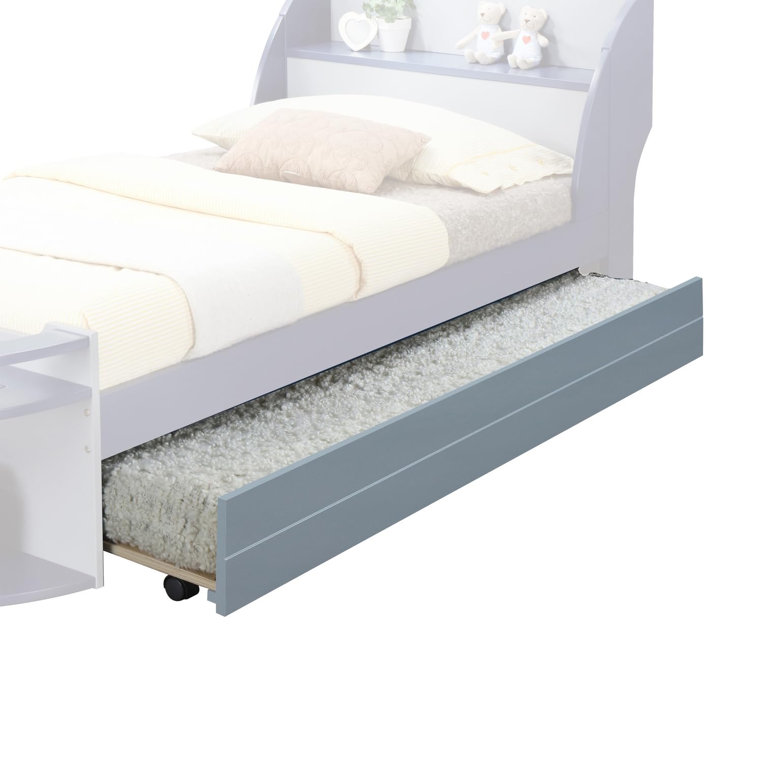 Close-up of the ACME Neptune II Twin Trundle with a rug inside, showing one of the caster wheels.