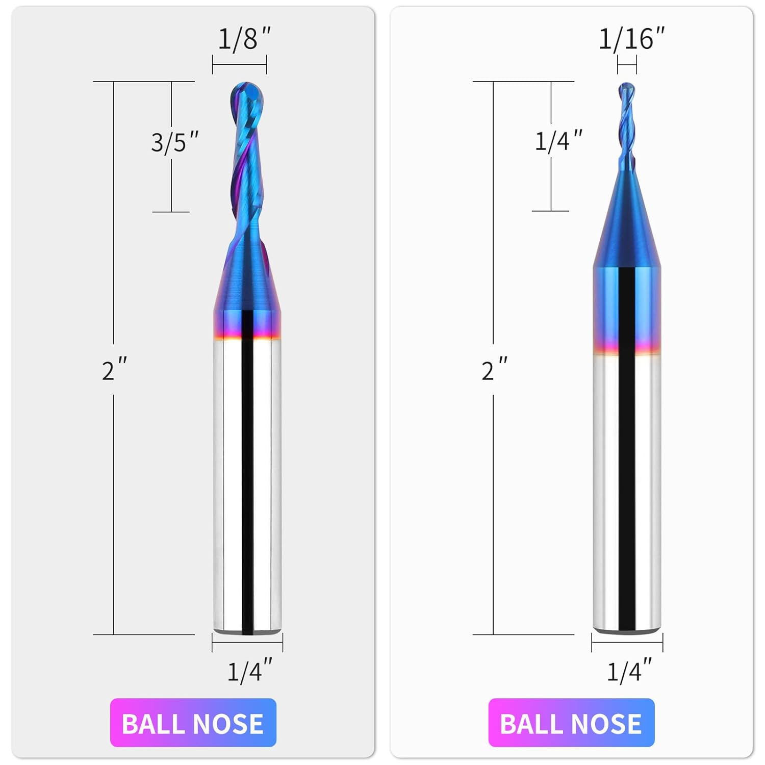 1/4 Inch Shank Carbide Ball Nose End Mill Set (5 Pieces), CNC Router bits Milling Tools with Nano Blue Coating for Side Milling, End Milling, Finish Machining
