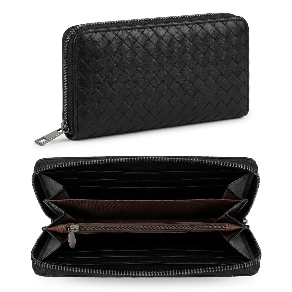 Woven Pattern Zip Around Wallet, PU Leather, Black-image-2