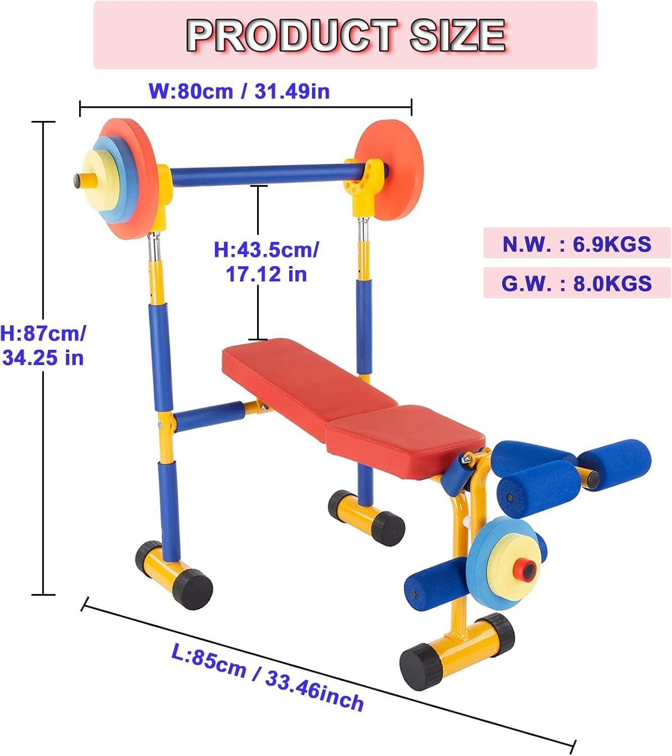 Juego de prensa de banco de entrenamiento ajustable para niños, equipo de entrenamiento de fuerza para gimnasio en casa, adecuado para escuelas y ejercicios divertidos