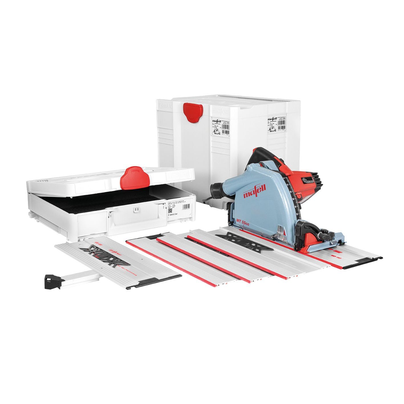 MAFELL Tauchsäge MT 55 cc MidiMAX (1400 Watt CUprex Hochleistungsmotor, 57mm Schnitttiefe, T-Max Transportkoffer, 148 cm Führungsschienenset, Winkelanschlag, Max3 Transportkoffer)