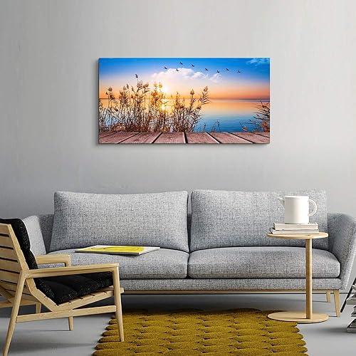 Miniatura 3 de Arte de pared para sala de estar póster con impresión decorativa pintura de paisaje de playa, sol, hierba y océano decoración de habitación, cuarto