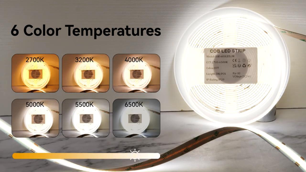 Image of COB LED Strip Lights, CCT Tunable White LED Tape Light 32.8ft /10m, 2700K-6500K, CRI90+, 24V Dimmable LED Strips Kit with Bluetooth APP Control, for Bedroom, Kitchen, DIY Lighting.