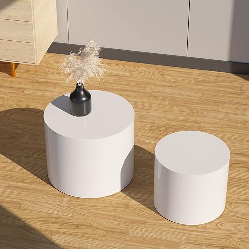 Miniatura 3 de WILLIAMSPACE Juego de 2 mesas de centro anidadas, mesas de centro redondas de madera de color blanco mate, mesa circular moderna para espacios