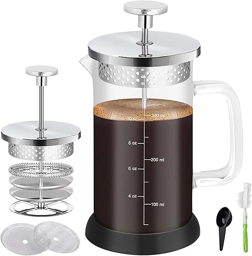 YMMIND French Press Coffee Maker 34 Ounce Espresso Tea Coffee Maker with 4 Filters System, Stainless Steel Plunger and Heat Resistant Borosilicate