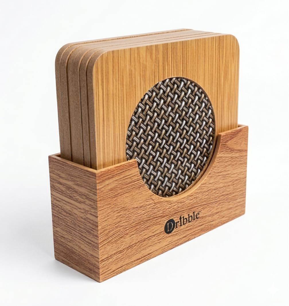 Dribble Bamboo Tea Coasters Set of 6 with ABS Plastic Holder | Square Bamboo Wood Coaster | Heat Resistant Coaster for Tea, Coffee, Beer, Water Glass | Table Protection Coaster Set-image-31