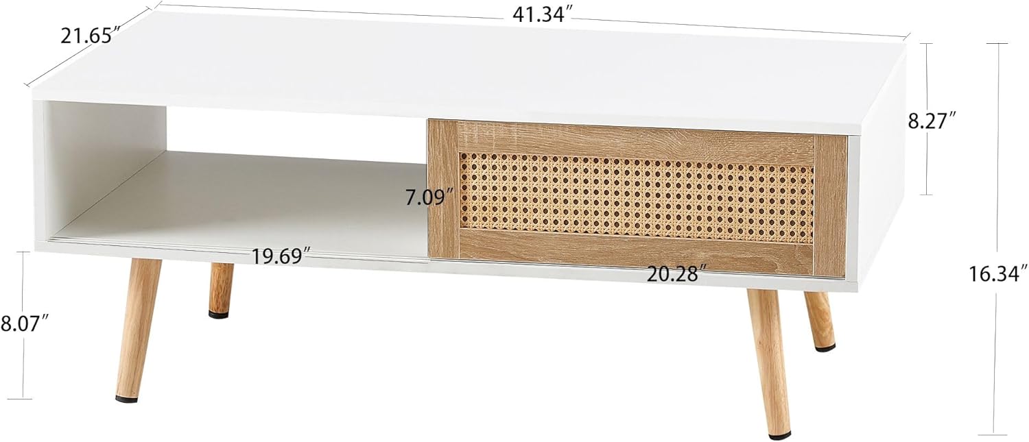 IANIYA Coffee Table with Hidden Storage, 41.3 Inch Rectangle Accent Center Table with Rattan Woven Door and Solid Wood Legs (Wihte Coffee Table)