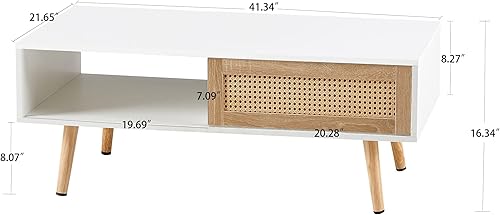 Miniatura 3 de IANIYA Mesa de centro con almacenamiento oculto, mesa central rectangular de 41.3 pulgadas con puerta tejida de ratán y patas de madera maciza (mesa