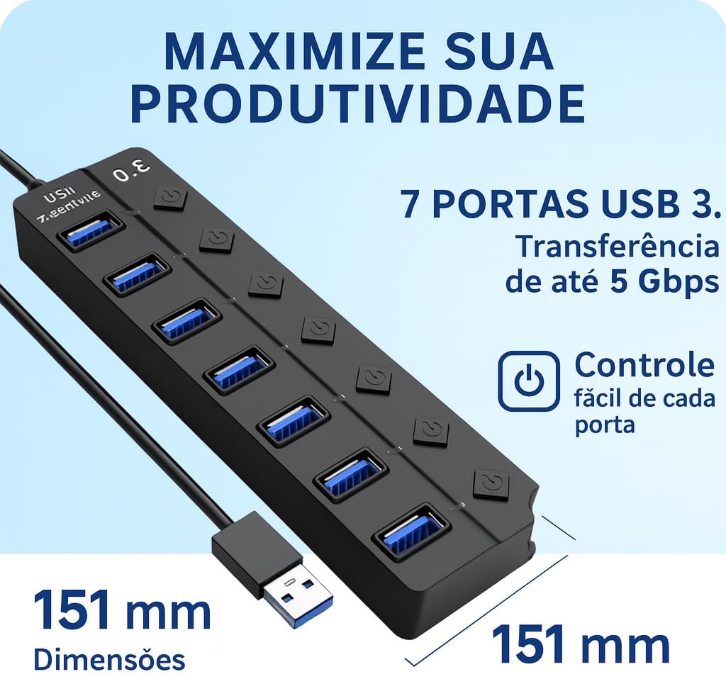 Hub USB 3.0 Com 7 Portas, Botões Individuais, LED, Alta Velocidade (5Gbps) Compatível Com PC Notebook TV Console Mouse PenDrive Teclado Impressora Acabamento Linha Premium