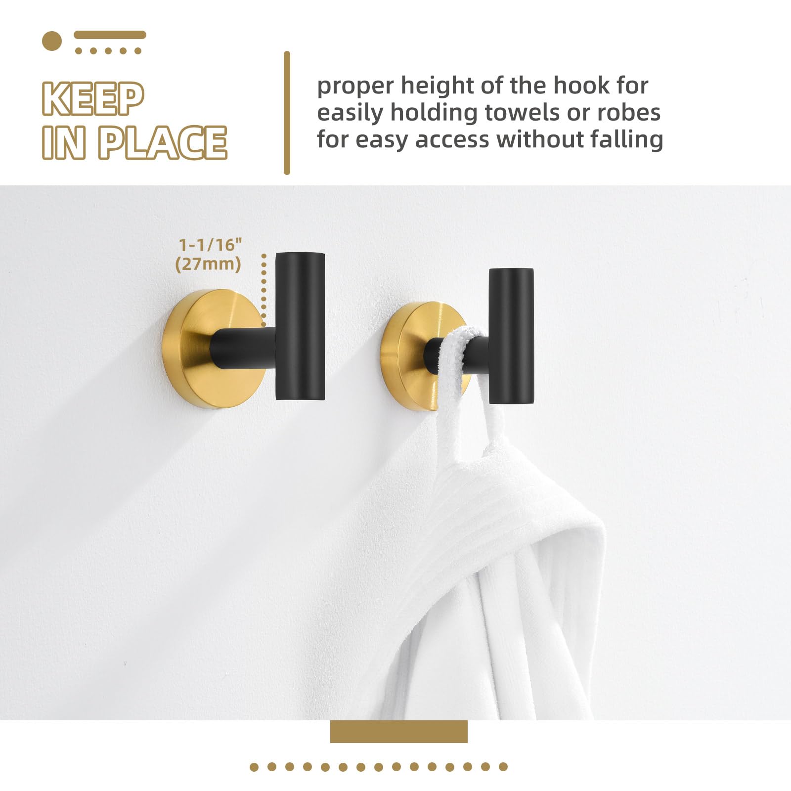 Angle Simple Gancho de toalla negro y dorado, 2 piezas, soporte de bata de baño de acero inoxidable, colgador redondo para toallas de mano, montado en la pared