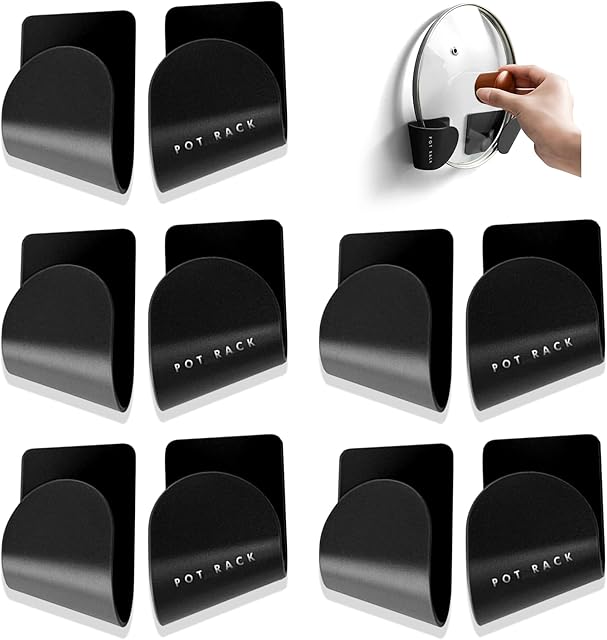 5PCS Wall Mount Pot Lid Stand Holder Rack, Plastic Pot Lid Holder, Strong Self-Adhesive Wall Mount Pot Lid Holder for Home Kitchen (Black)